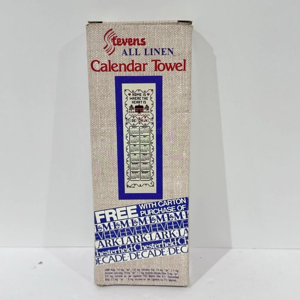 Vintage 1983 Stevens All Linen Calendar Towel Home Is Where‎ The Heart Is w/Box